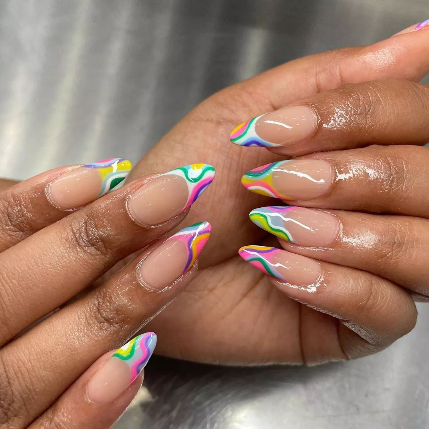 Colorful wavy French tip nails