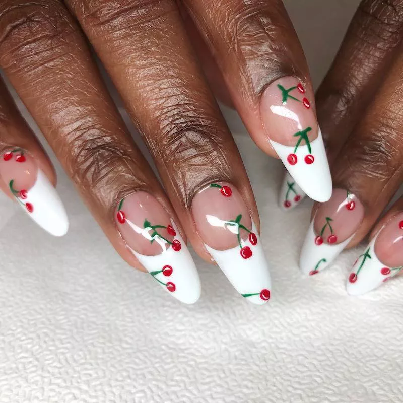 French acrylic manicure with cherry designs