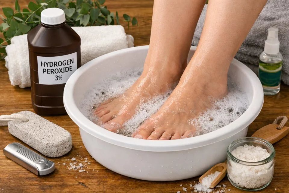 Feet soaking in hydrogen peroxide foot bath with 3% hydrogen peroxide bottle, pumice stone, and sea salt on wooden surface