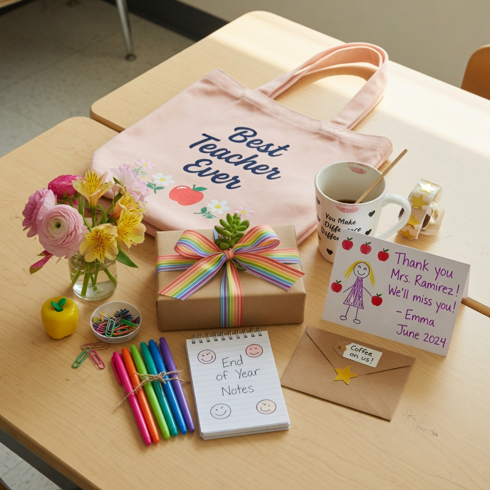 image showing a heartfelt handwritten thank-you note on a classroom desk with a child’s drawing beside it. Include a pen, small envelope, fresh flowers, and soft natural lighting.